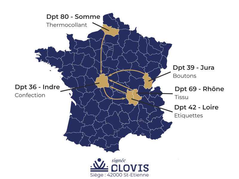 Les lieux de production de la chemise ajustée homme signée Clovis - uniquement en France - département 80, Somme - Département 39, Jura - Département 69, Rhône - Département 42, Loire - Département 36, Indre