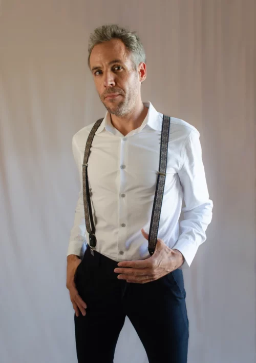 bretelles homme losange jacquard marine beige signée clovis